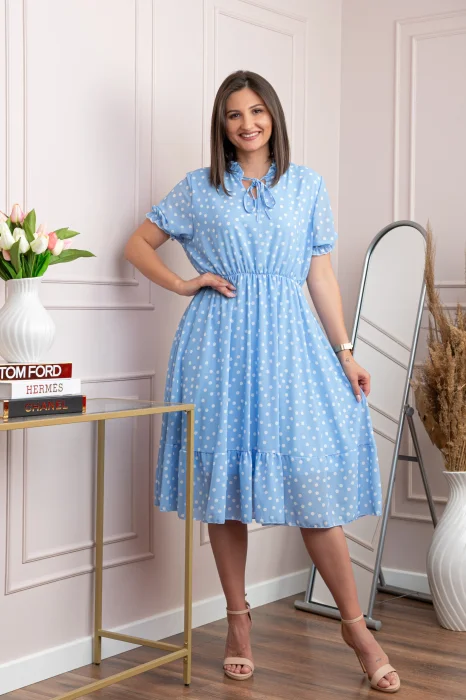 Rochie retro Krista cu buline albe si maneci bufante - Bleu