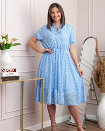 Rochie retro Krista cu buline albe si maneci bufante - Bleu