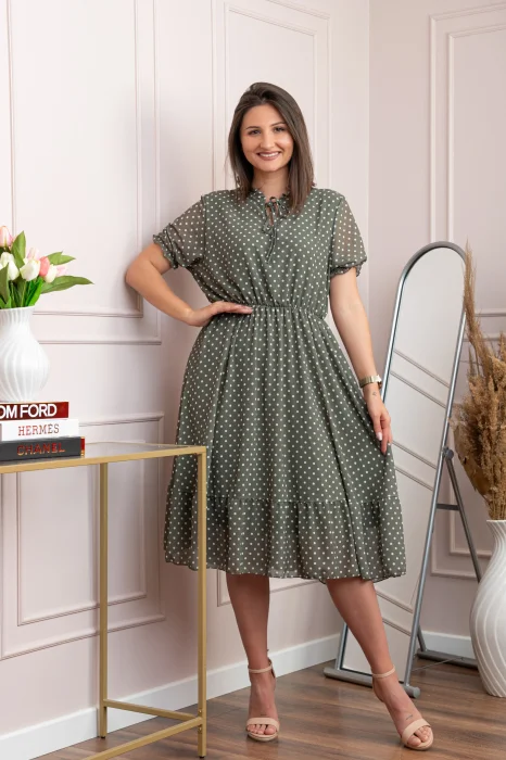 Rochie retro Krista cu buline albe si maneci bufante - Kaki