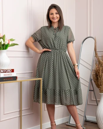 Rochie retro Krista cu buline albe si maneci bufante - Kaki