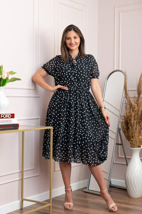 Rochie retro Krista cu buline albe si maneci bufante - Negru