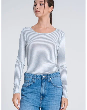 Bluza slim fit cu decolteu rotund si dungi, Alb/Prafuit