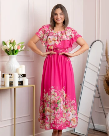 Rochie eleganta lunga Ayana cu imprimeri florale si volane ample - Ciclam