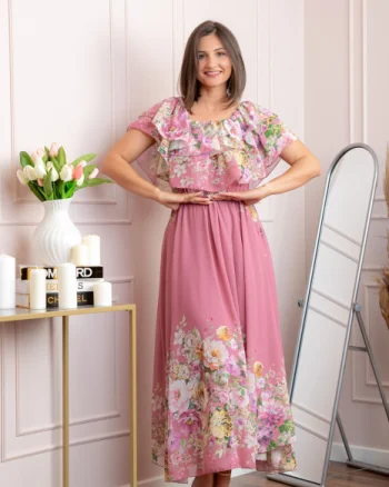 Rochie eleganta lunga Ayana cu imprimeri florale si volane ample - Roz pudrat