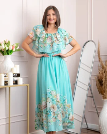 Rochie eleganta lunga Ayana cu imprimeri florale si volane ample - Turcoaz aqua