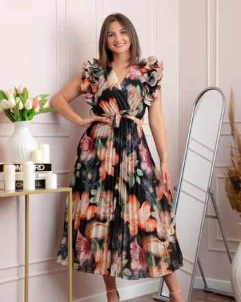 Rochie eleganta plisata Cindy cu imprimeu floral si volane la umeri - Negru