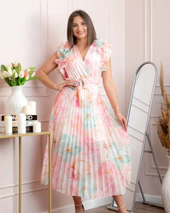 Rochie eleganta plisata Cindy cu imprimeu floral si volane la umeri - Roz pastel