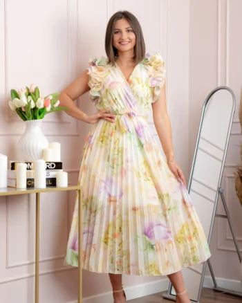 Rochie eleganta plisata Cindy cu imprimeu floral si volane la umeri - Galben pastel