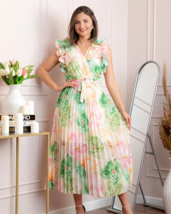 Rochie eleganta plisata Cindy cu imprimeu floral si volane la umeri - Verde pastel
