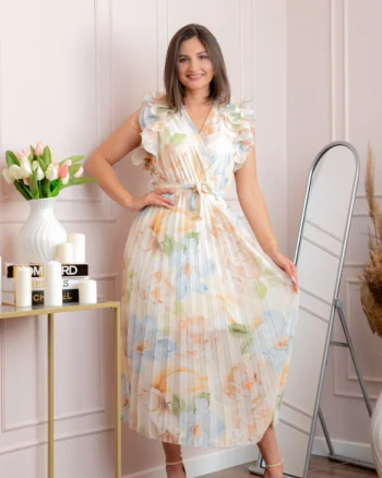 Rochie eleganta plisata Cindy cu imprimeu floral si volane la umeri - Ivoire