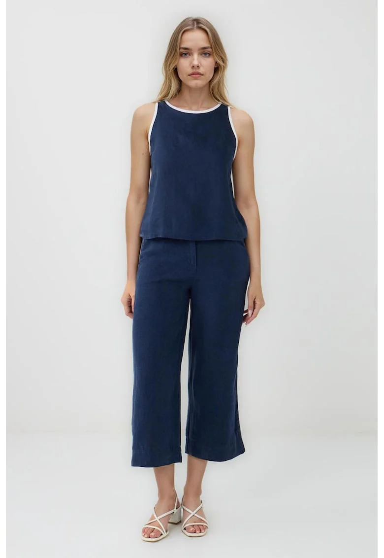 Pantaloni capri din in cu croiala ampla, Albastru indigo