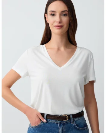 Tricou din amestec de modal cu decolteu in V, Alb