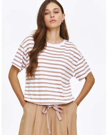 Tricou cu dungi si prindere cu snururi la terminatie, Alb/Maro deschis