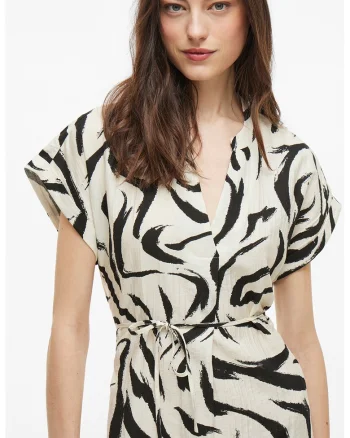 Rochie-tunica cu cordon asortat, Alb fildes/Negru