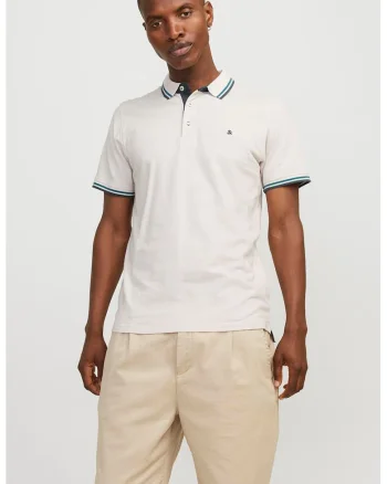 Tricou polo slim fit de bumbac organic Paulos, Alb optic/Bleumarin