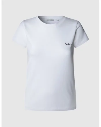 Tricou cu decolteu la baza gatului si logo brodat, Alb optic