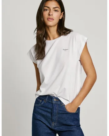 Tricou cu decolteu la baza gatului si logo, Alb