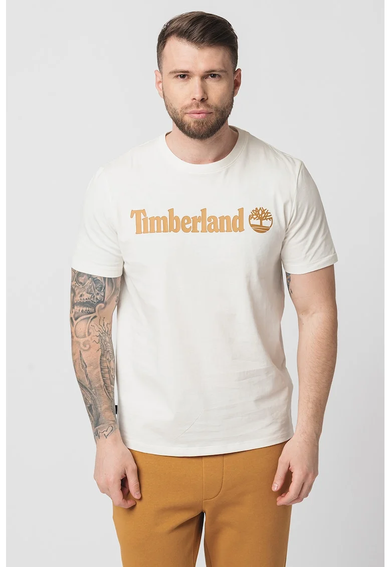 Tricou cu decolteu la baza gatului si imprimeu logo Linear, Maro/Crem