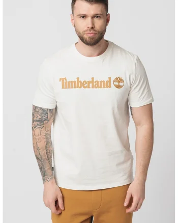 Tricou cu decolteu la baza gatului si imprimeu logo Linear, Maro/Crem