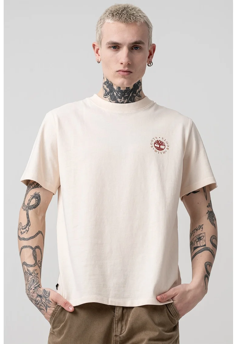 Tricou de bumbac cu decolteu la baza gatului, Maro/Bej