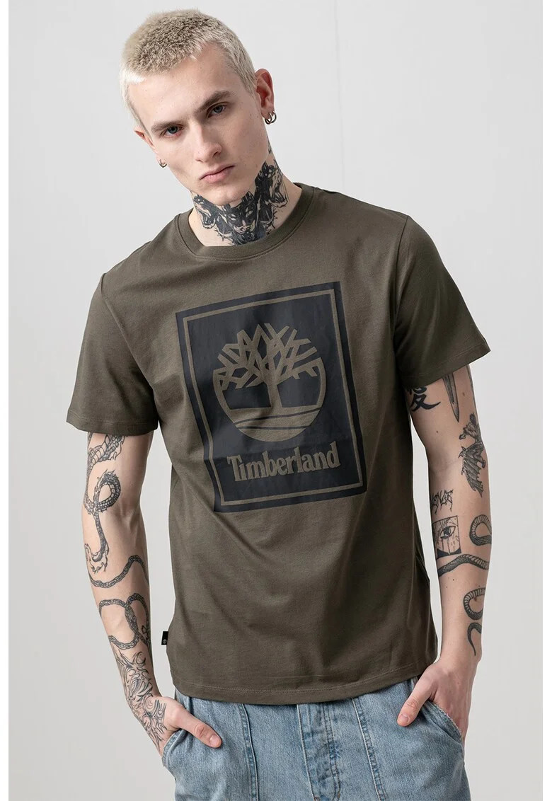 Tricou din bumbac cu imprimeu logo, Negru/Kaki inchis