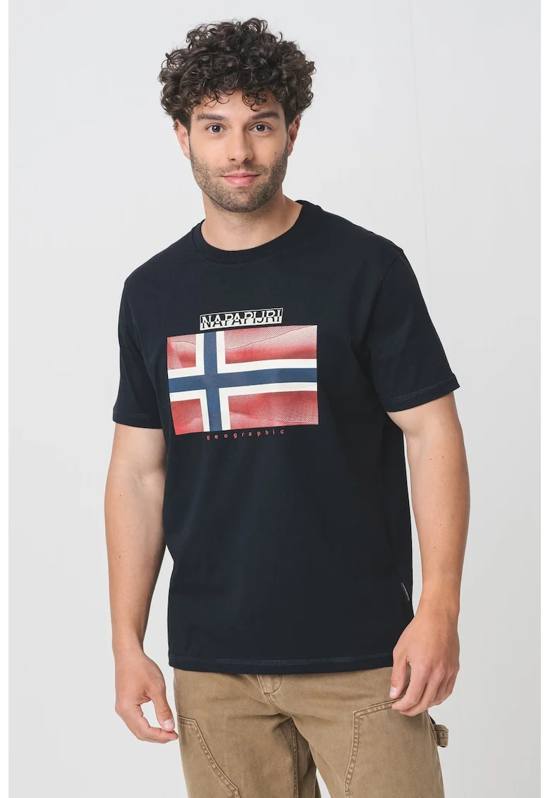 Tricou cu imprimeu logo si decolteu la baza gatului, Alb fildes/Negru/Rosu inchis
