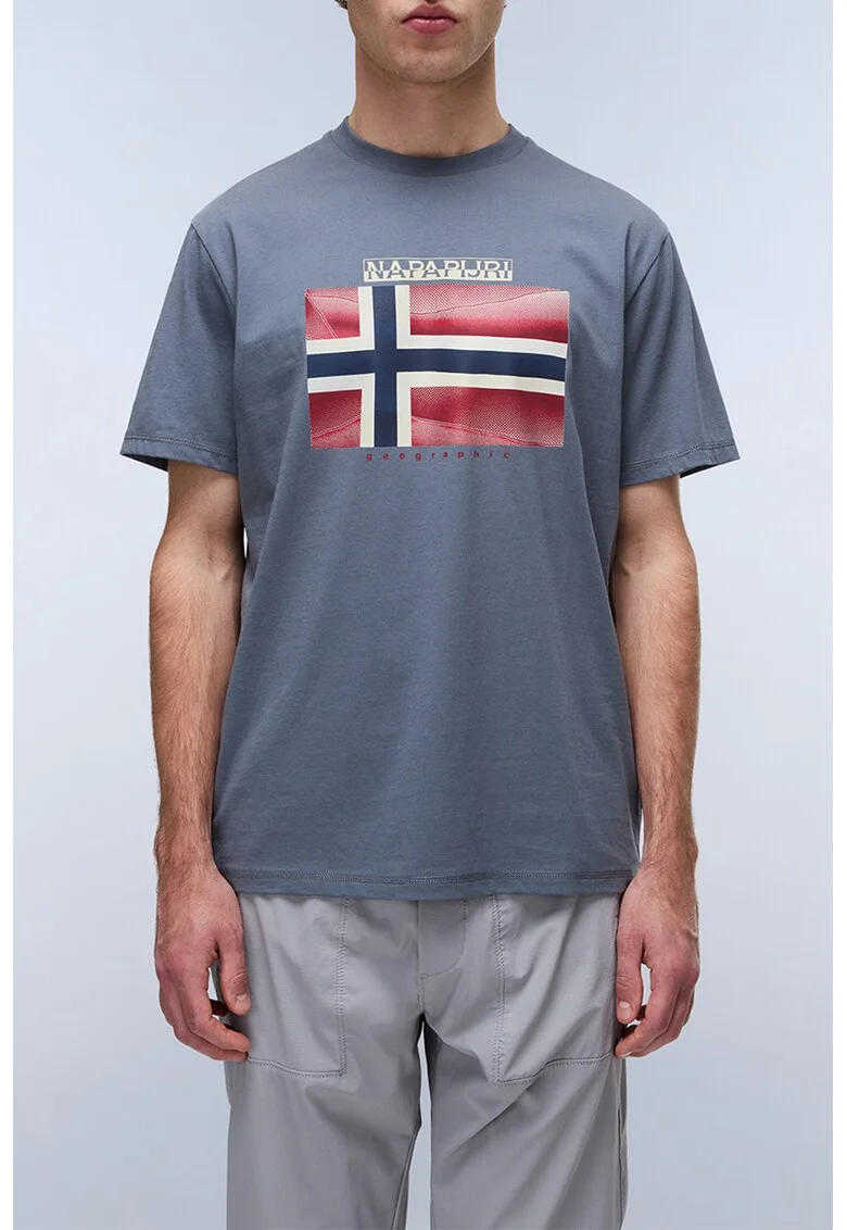 Tricou cu imprimeu logo si decolteu la baza gatului, Rosu stins/Gri inchis