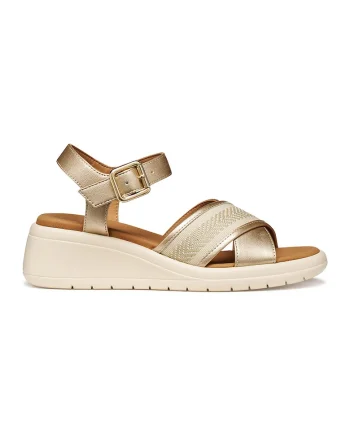 Sandale wedge din piele ecologica cu barete incrucisate, Auriu/Bej
