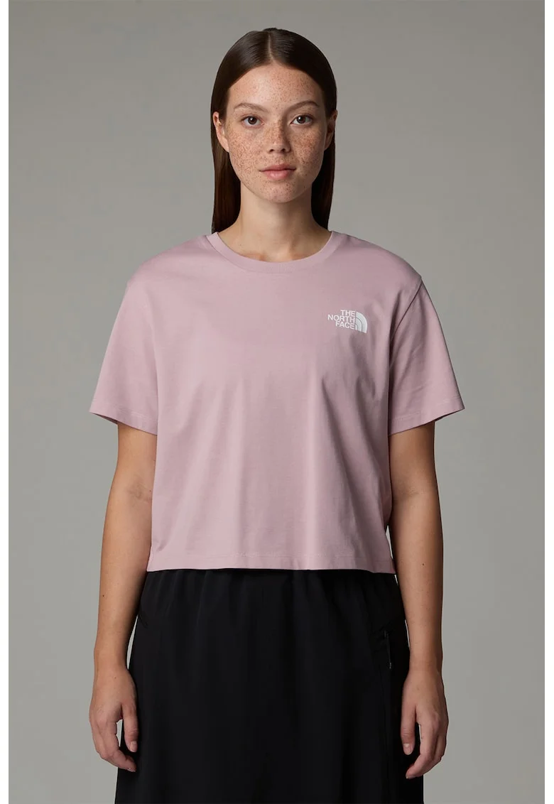 Tricou crop cu imprimeu logo, Roz prafuit