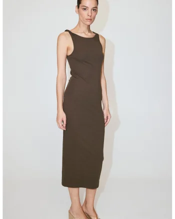 Rochie din amestec de bumbac cu bareta rasucita, Maro pamantiu,