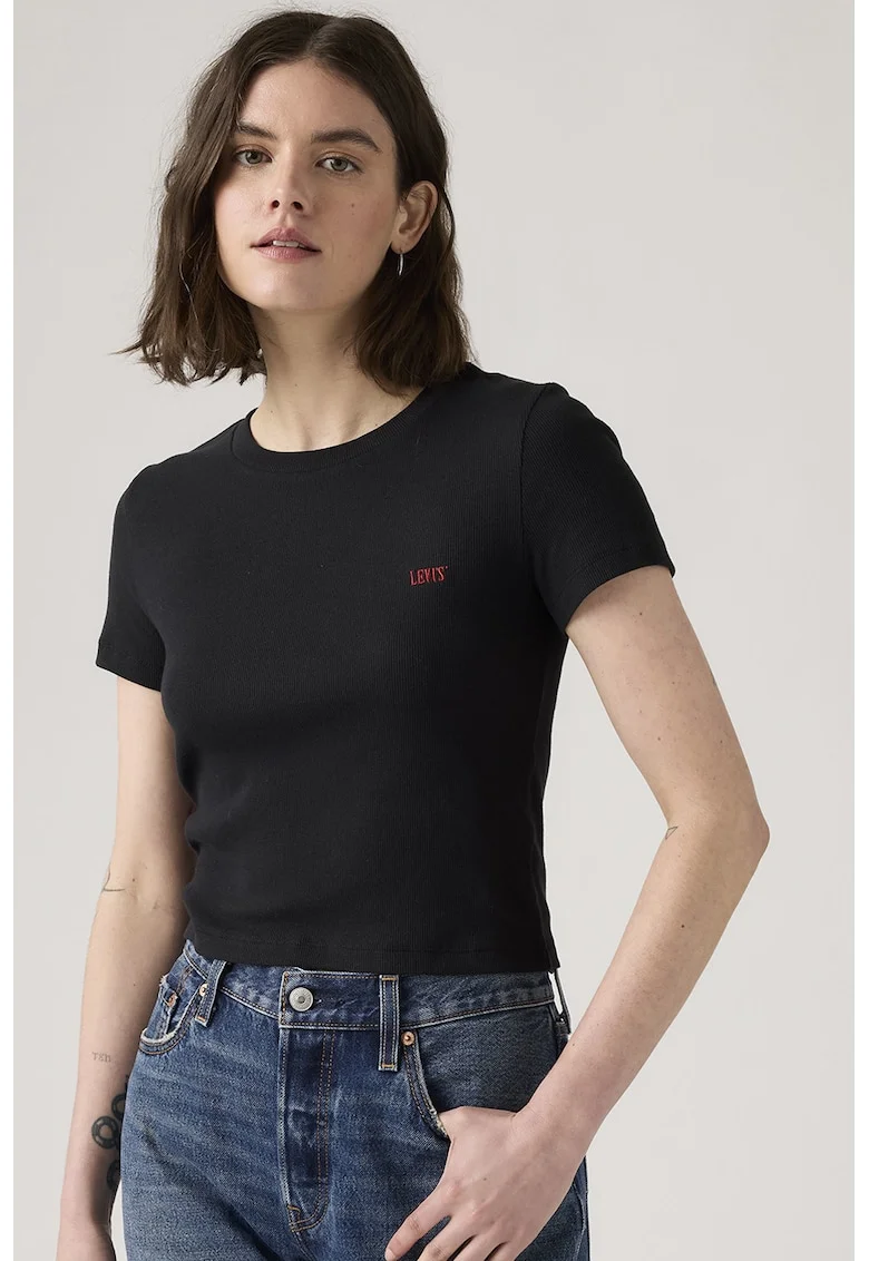 Tricou crop cu croiala cambrata, Negru stins