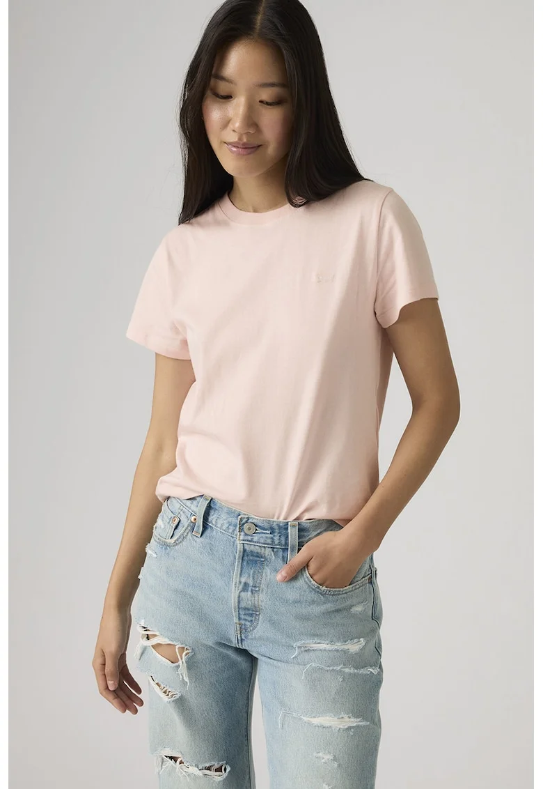 Tricou din bumbac cu decolteu la baza gatului, Roz pastel