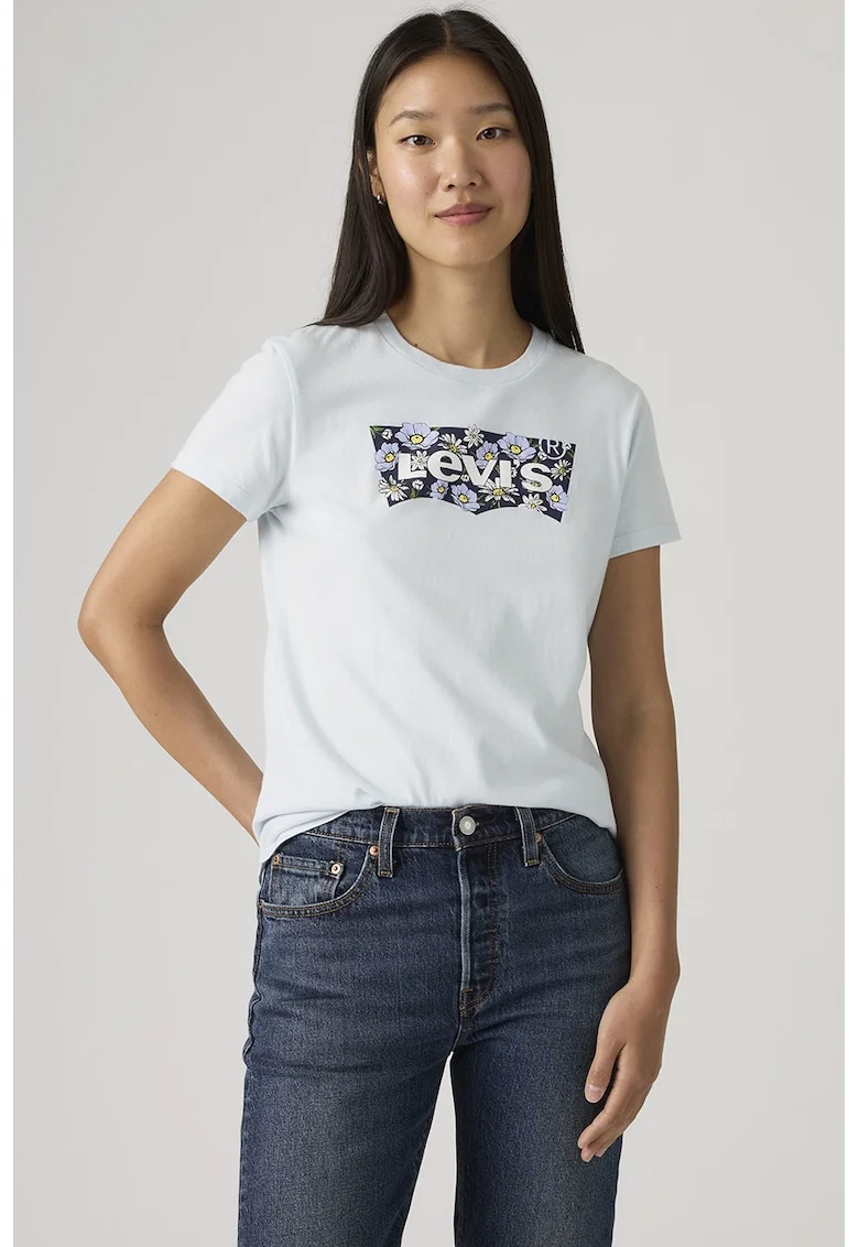 Tricou din bumbac cu logo si imprimeu grafic, Albastru pastel