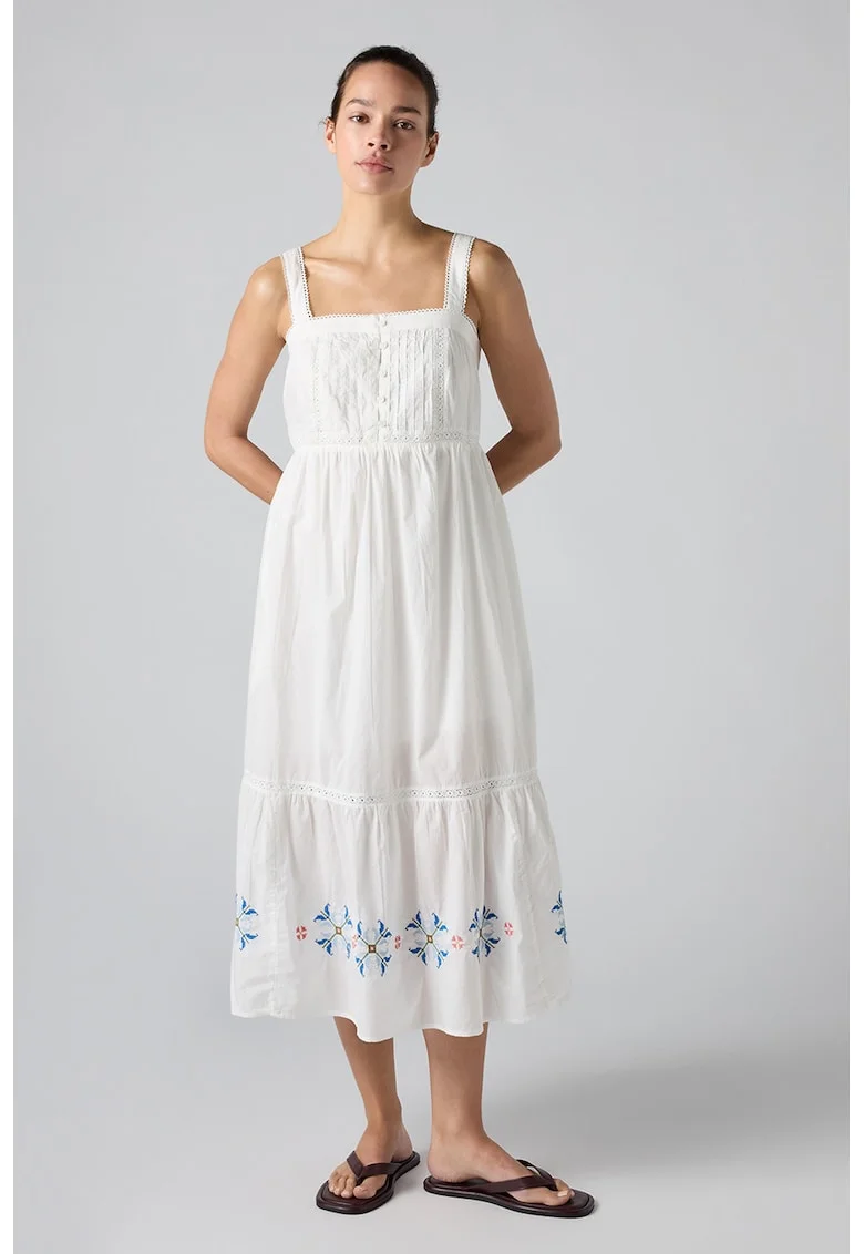 Rochie midi din bumbac cu croiala evazata, Alb murdar