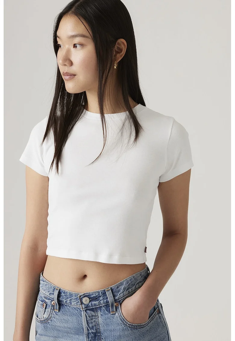 Tricou crop cu decolteu la baza gatului Essential, Alb optic