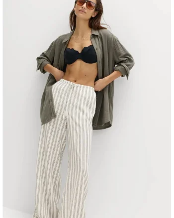 Pantaloni din amestec de in cu dungi, Alb/Negru