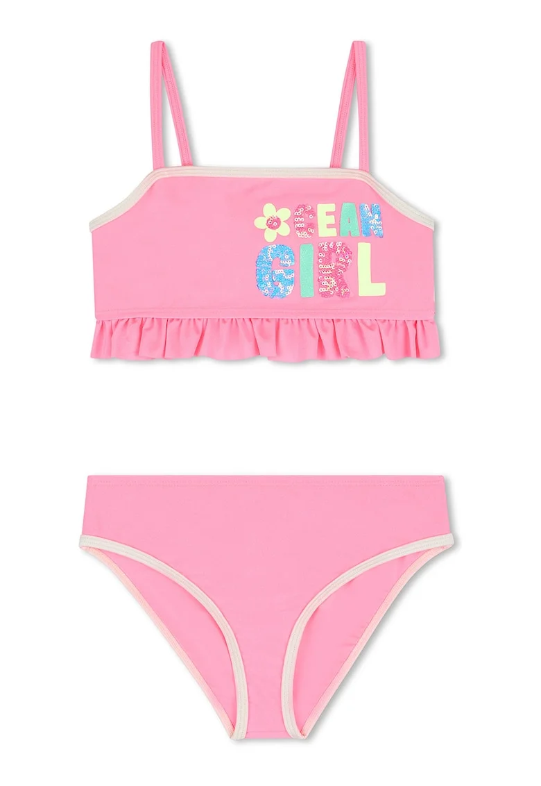 Costum de baie din doua piese cu garnitura cu volane, Galben/Roz