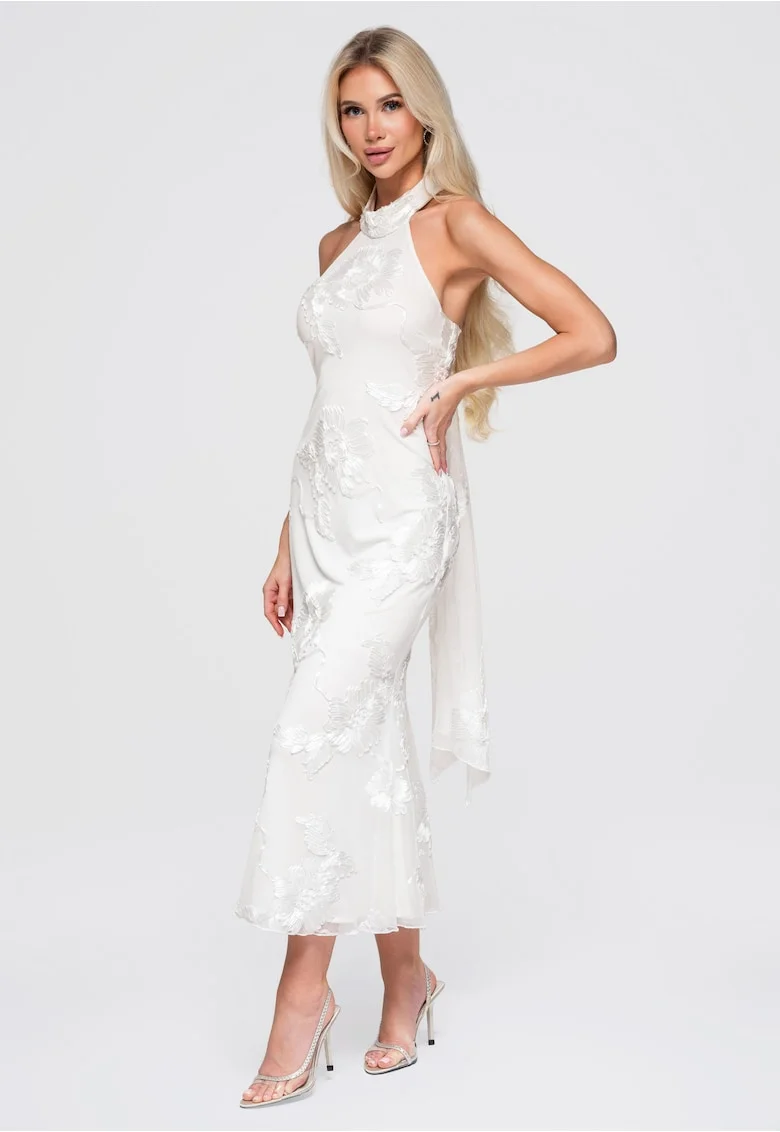 Rochie maxi cu decolteu halter, talie evidentiata si aplicatii florale, Ecru