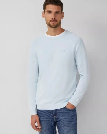 Pulover barbati cu decolteu la baza gatului, din bumbac, maneci raglan, Albastru deschis