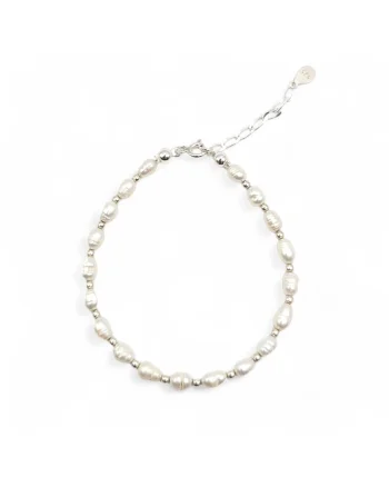 Bratara handmade, ajustabila, din argint 925,  perle naturale dimensiune 3x6 mm, argintiu/alb, max. 20.00 cm