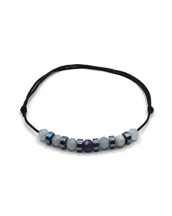 Bratara handmade, ajustabila, zodia Berbec,  pietre semipretioase Acvamarin, Ametist si Hematit, negru