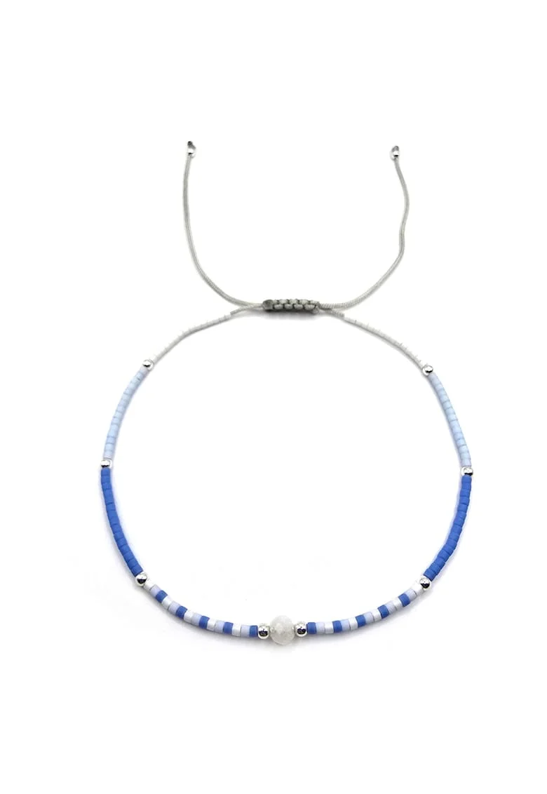 Bratara de glezna, handmade, din argint 925,  ajustabila, margele Miyuki si Piatra lunii, multicolor