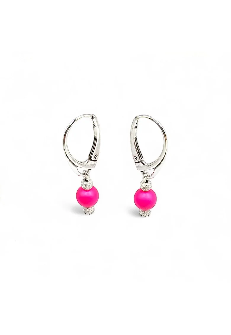 Cercei handmade, din argint 925,  perle Swarovski, fuchsia/argintiu