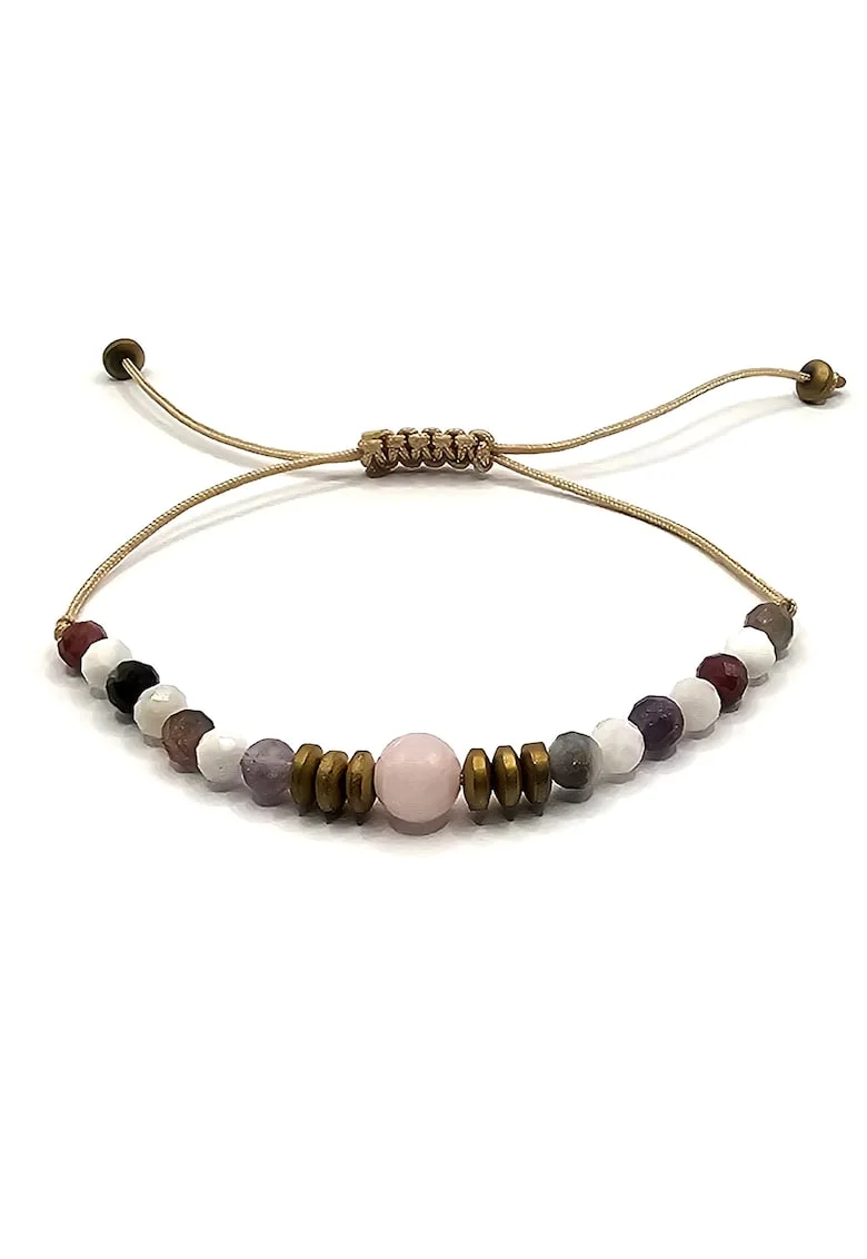Bratara handmade, ajustabila, zodia Balanta,  pietre semipretioase Turmalina, Piatra Lunii, Hematit si Cuart, bej