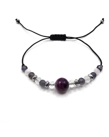 Bratara handmade, ajustabila, zodia Berbec,  pietre semipretioase Ametist, piatra lunii, hematit, agat, negru