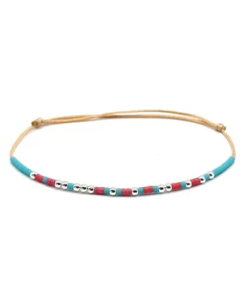 Bratara cod Morse, mesaj "Adventure",  barbat, marime ajustabila, margele Miyuki colorate si margele din Argint 925, bleu/rosu