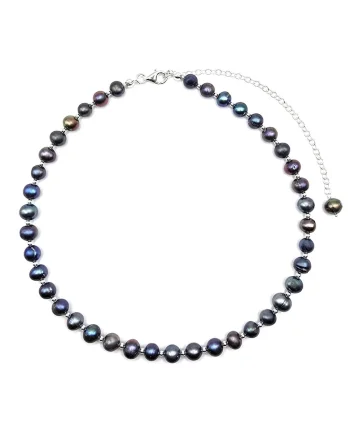 Colier handmade, ajustabil, din argint 925,  perle de cultura, bleumarin, max. 48 cm