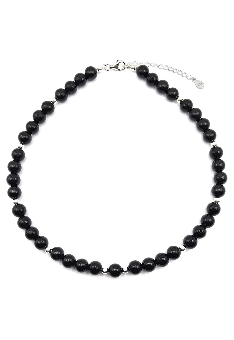 Colier handmade, ajustabil, argint 925,  pietre semipretioase onix 8 mm, negru, max. 44 cm