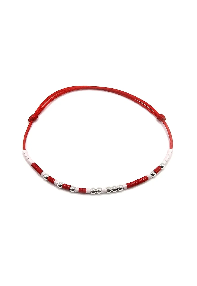 Bratara handmade, ajustabila, argint 925,  snur de matase, margele Miyuki Delica, rosu/alb