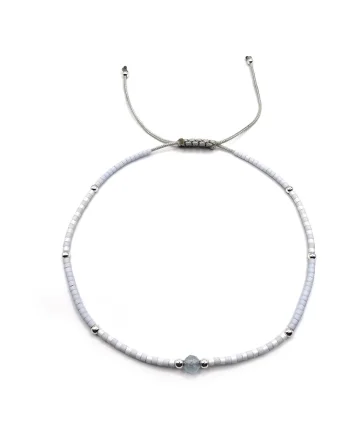 Bratara de glezna, handmade, din argint 925,  ajustabila, margele Miyuki si acvamarin, bleu/alb
